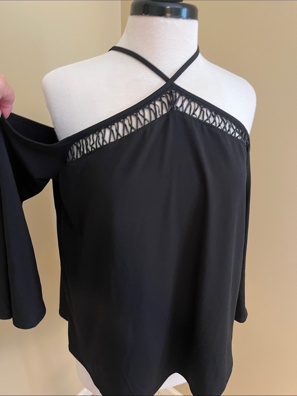 Guess Black Cold-Shoulder Halter Top with Lattice Trim